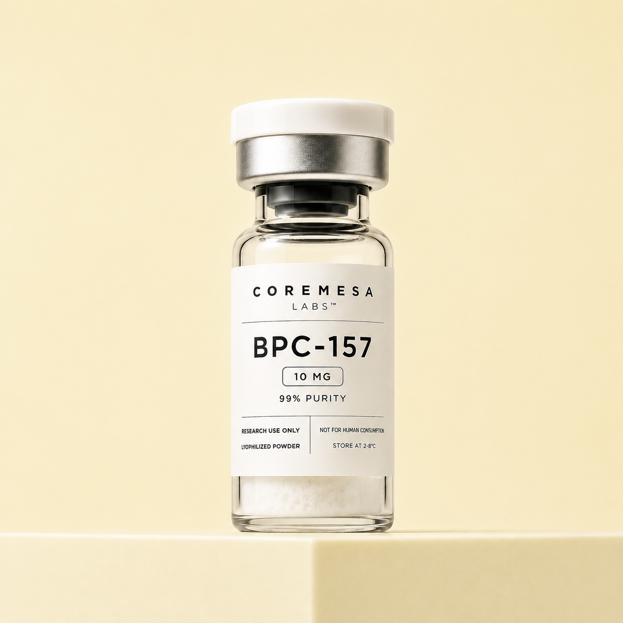 BPC-157 vial on a butter yellow backdrop