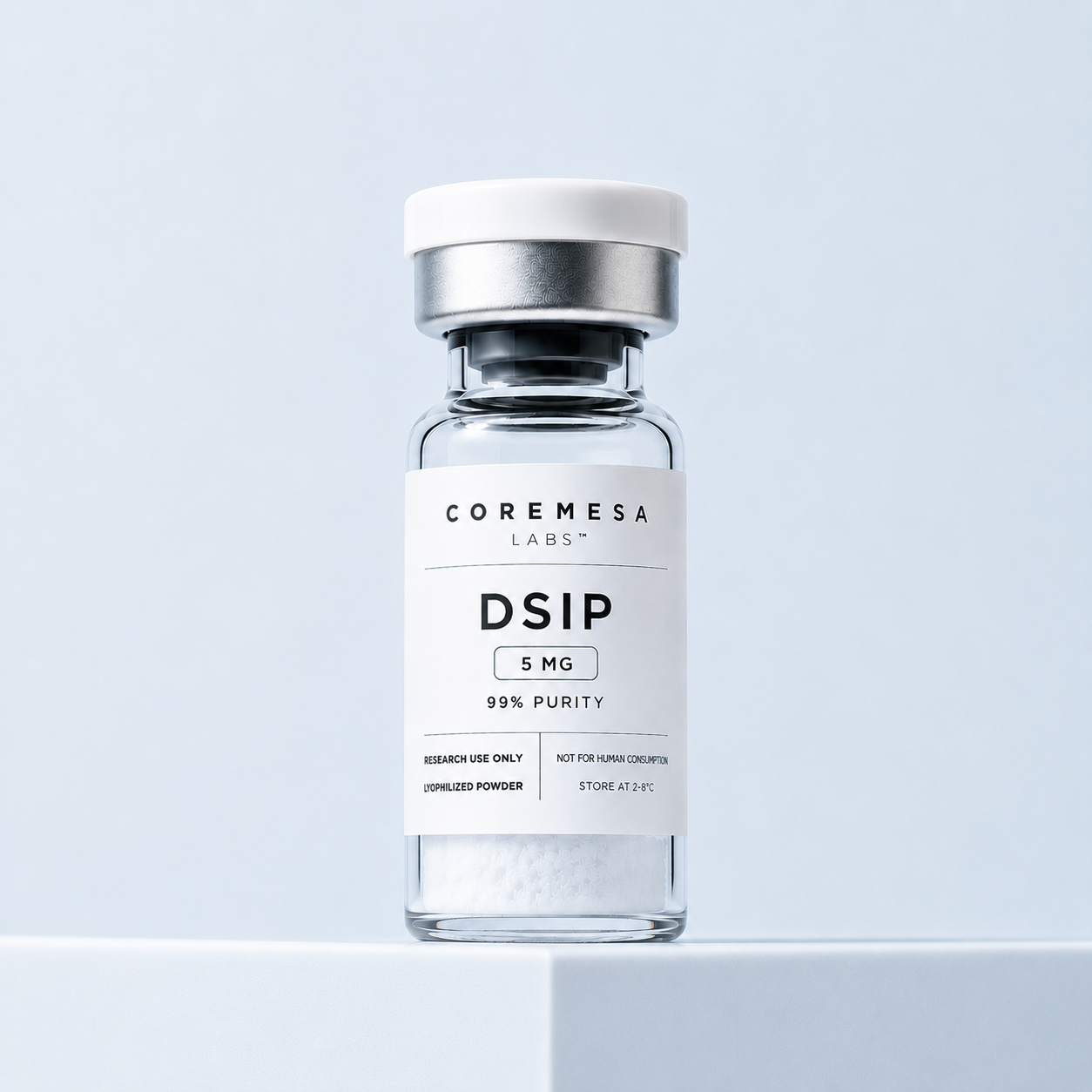 DSIP vial on a powder blue backdrop