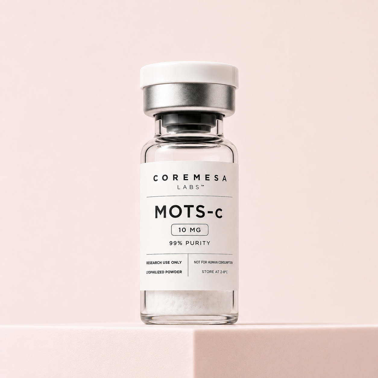 MOTS-c vial on a pink backdrop